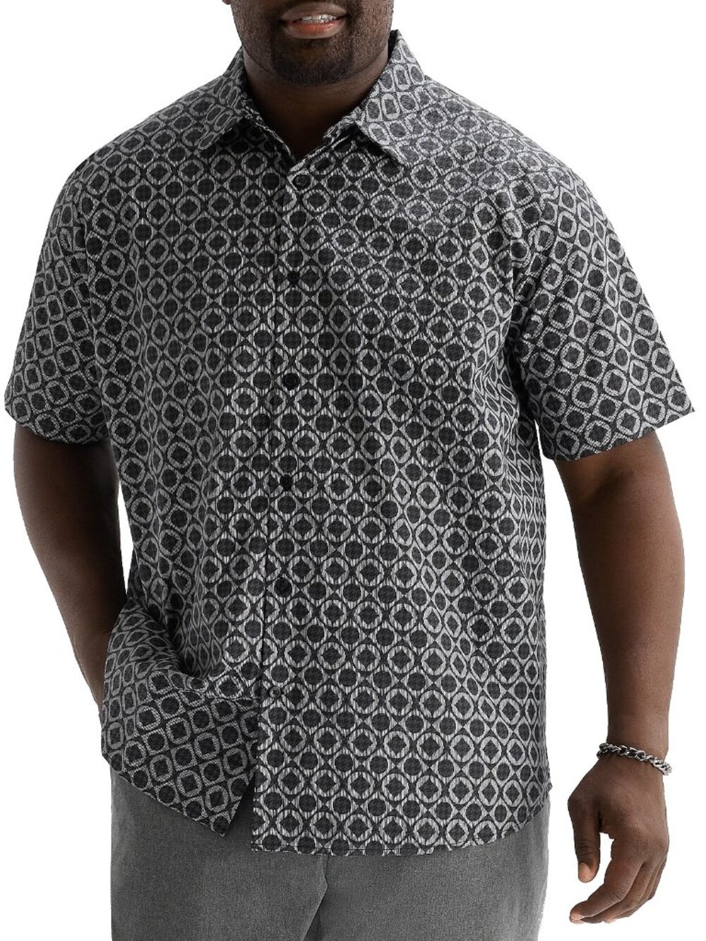 New! Shaquille O'Neal Button Down Short Sleeve Shirt Woven Stretch Black Print